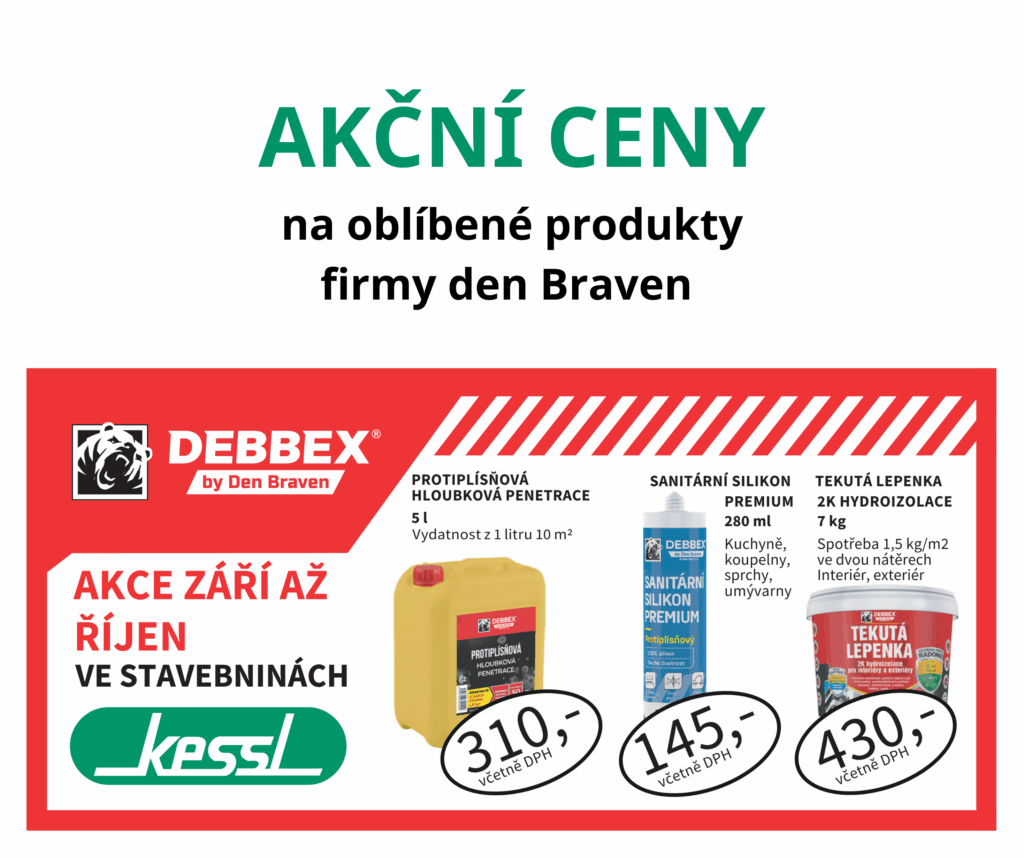 Akční nabídka produktů Den Braven: protiplísňová penetrace, sanitární silikon a tekutá lepenka ve stavebninách Kessl – září až říjen 2025