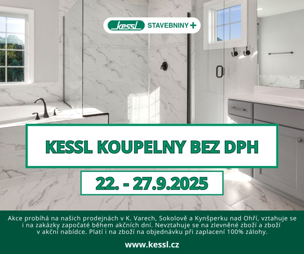 Moderní koupelna v bílé barvě – akce „KESSL Koupelny bez DPH“ ve stavebninách Kessl, platná 22.–27. 9. 2025.