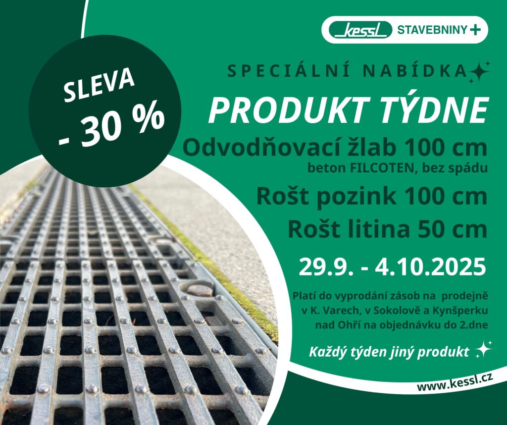 Odvodňovací žlab 100 cm z betonu FILCOTEN s pozinkovaným a litinovým roštem – akce týdne ve stavebninách Kessl 29. 9. – 4. 10. 2025, sleva 30 %.