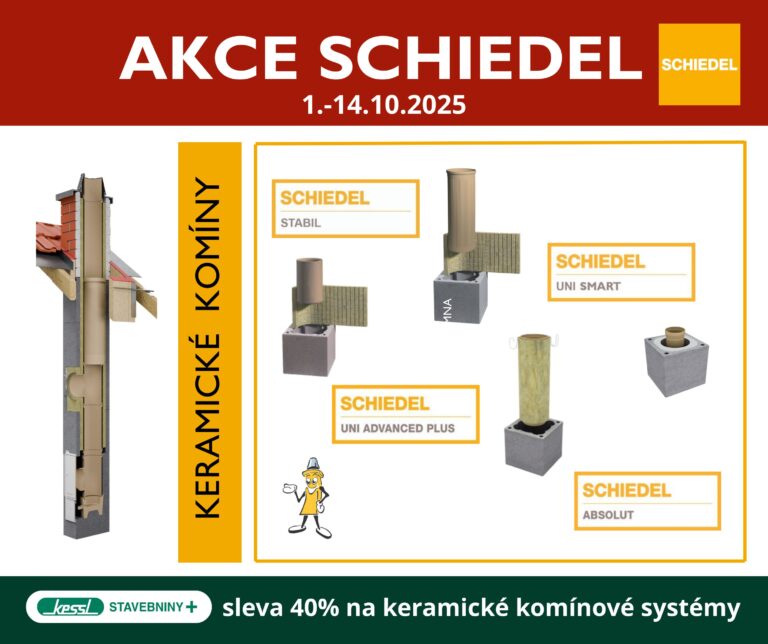 Akce Schiedel – sleva 40 % na keramické komínové systémy Stabil, Uni Smart, Uni Advanced Plus a Absolut, platí 1.–14. října 2025 ve stavebninách Kessl.