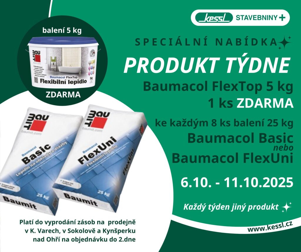 Ke každým 8 ks Baumacol Basic (25 kg) a FlexUni (25 kg) zdarma 5 kg Baumacol FlexTop ve stavebninách Kessl 6. - 11.10.2025