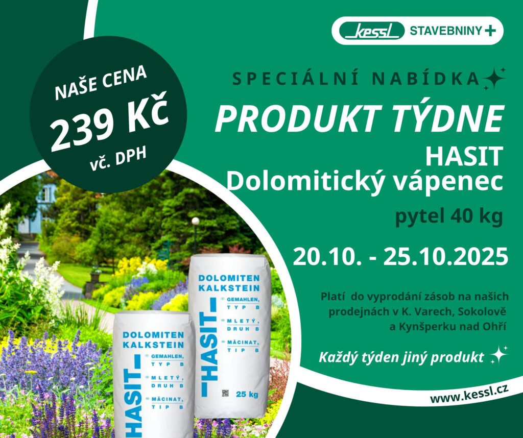 Speciální nabídka stavebnin Kessl – HASIT Dolomitický vápenec, pytel 40 kg za cenu 239 Kč včetně DPH, akce platí 20.–25.10.2025.