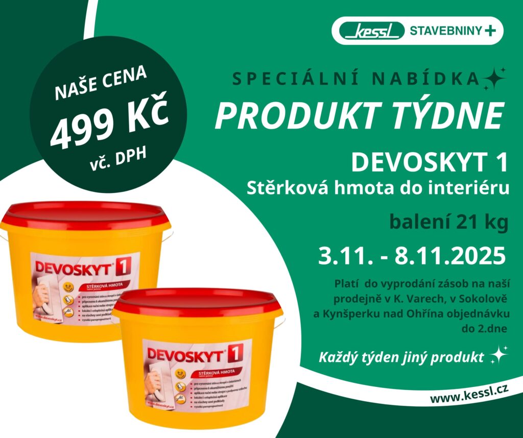 Akční nabídka stavebnin Kessl – stěrková hmota DEVOSKYT 1 pro interiér, balení 21 kg za 499 Kč včetně DPH, platí 3.–8.11.2025.