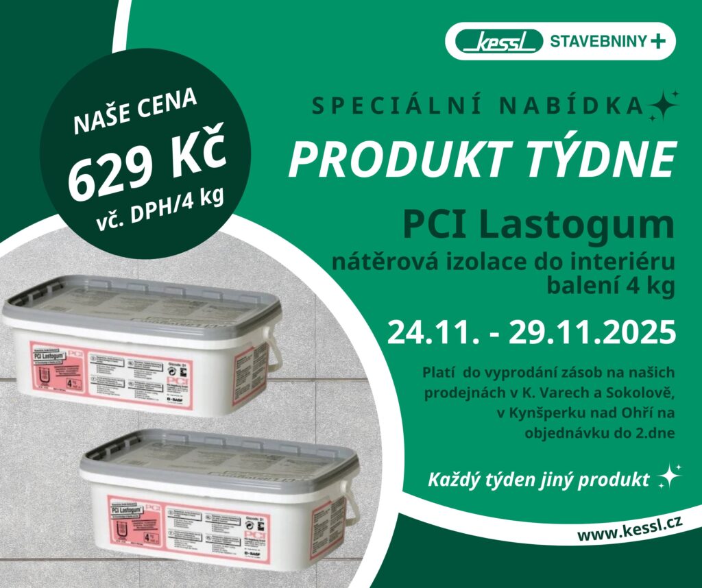 Akční nabídka Produkt týdne – PCI Lastogum, nátěrová izolace do interiéru, balení 4 kg, cena 629 Kč včetně DPH, platí 24.–29. 11. 2025.