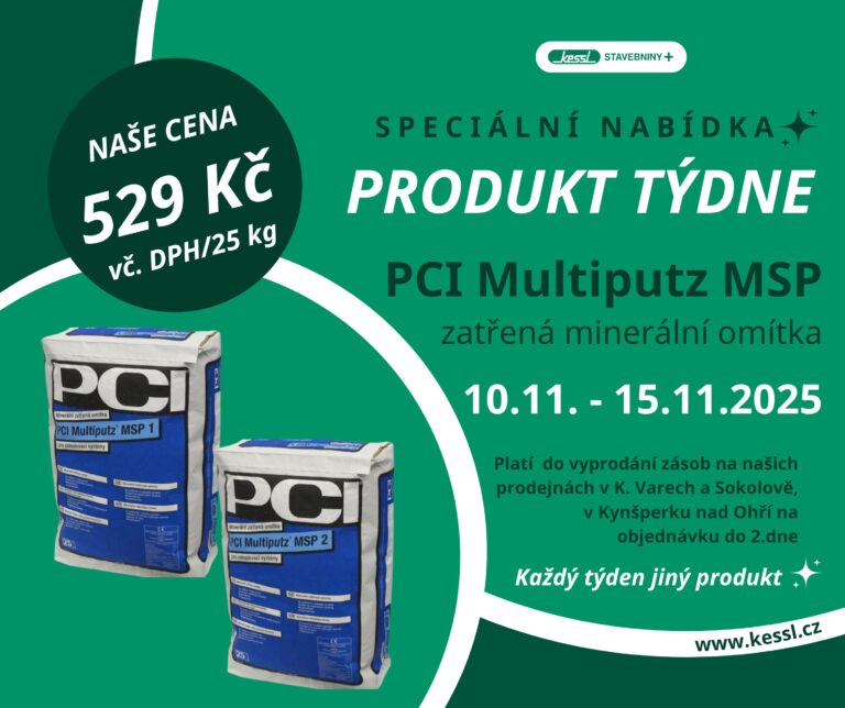Zatíraná minerální omítka PCI Multiputz MSP v akci týdne u stavebnin KESSL – cena 529 Kč za 25 kg, platí od 10. do 15. listopadu 2025.